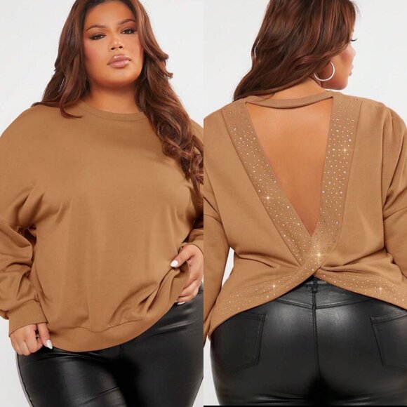 SHEIN SXY Mauve Pink Pullover Open Twist-Back Rhinestone Sweatshirt NWT Size 2XL - Picture 2 of 9